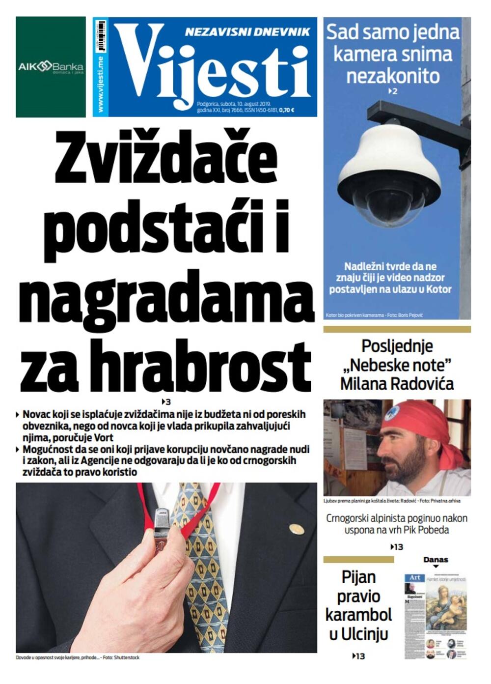Naslovna strana "Vijesti" za 10. avgust