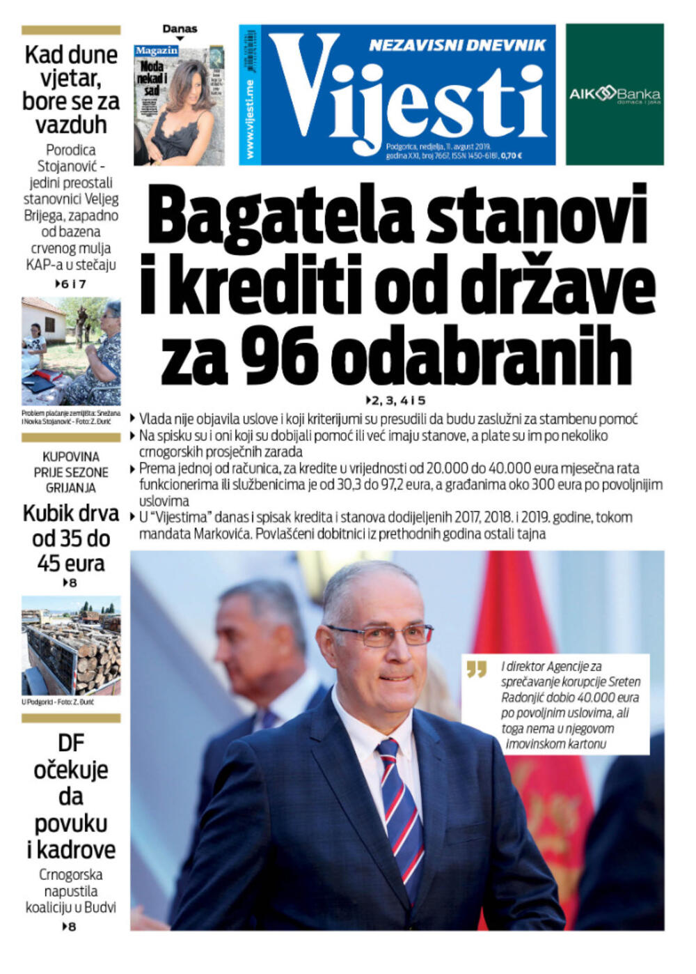 Naslovna strana "Vijesti" za 11. avgust
