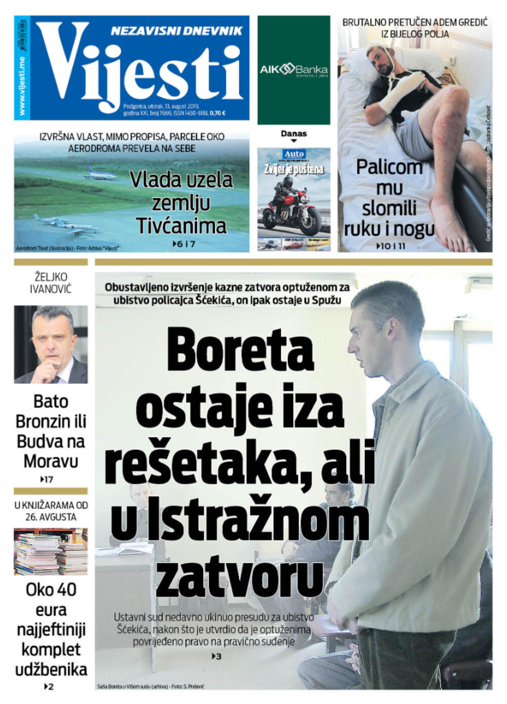 Naslovna strana "Vijesti" za 13. avgust