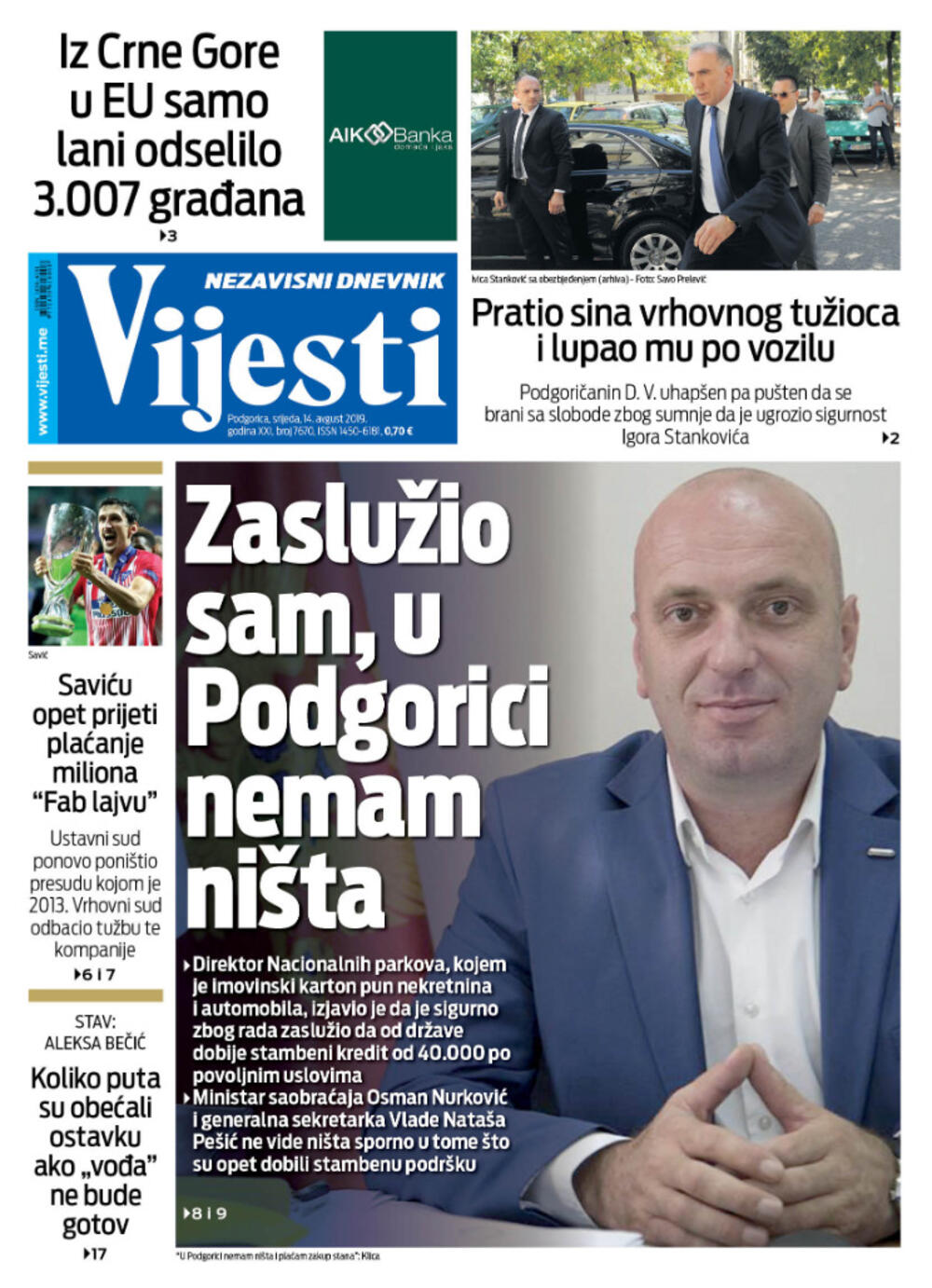 Naslovna strana "Vijesti" za 14. avgust