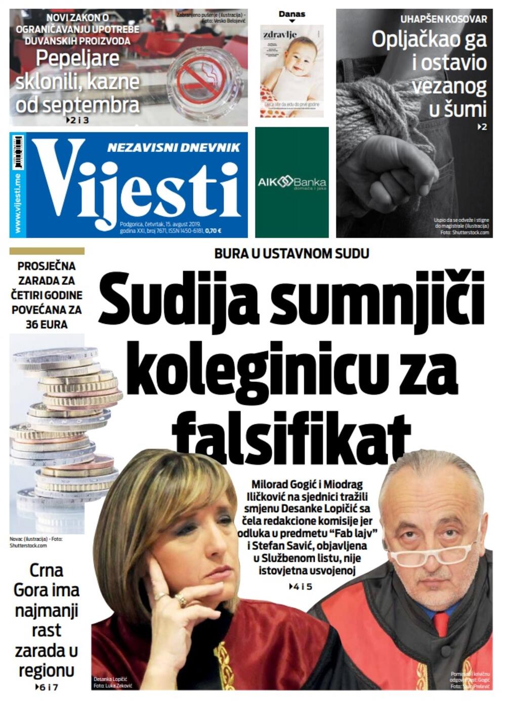 Naslovna strana "Vijesti" za četvrtak 15. avgust, Foto: Vijesti