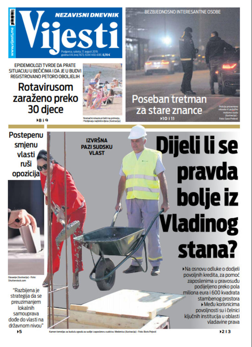 Naslovna strana "Vijesti" za 17. avgust, Foto: "Vijesti"
