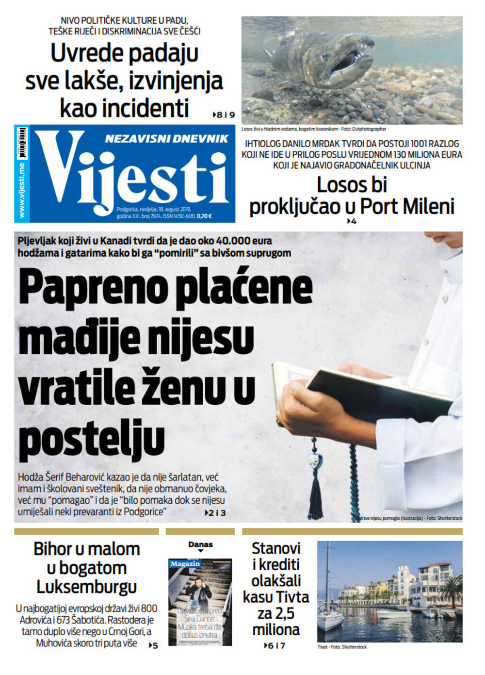 Naslovna strana "Vijesti" za 18. avgust, Foto: Vijesti