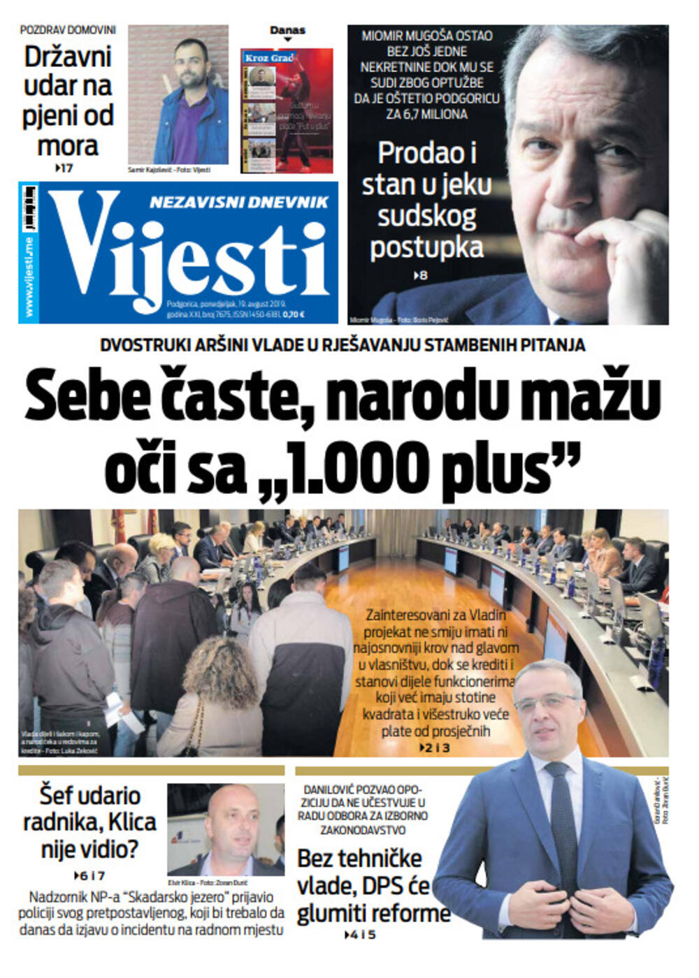 Naslovna strana "Vijesti" za 19. avgust, Foto: Vijesti