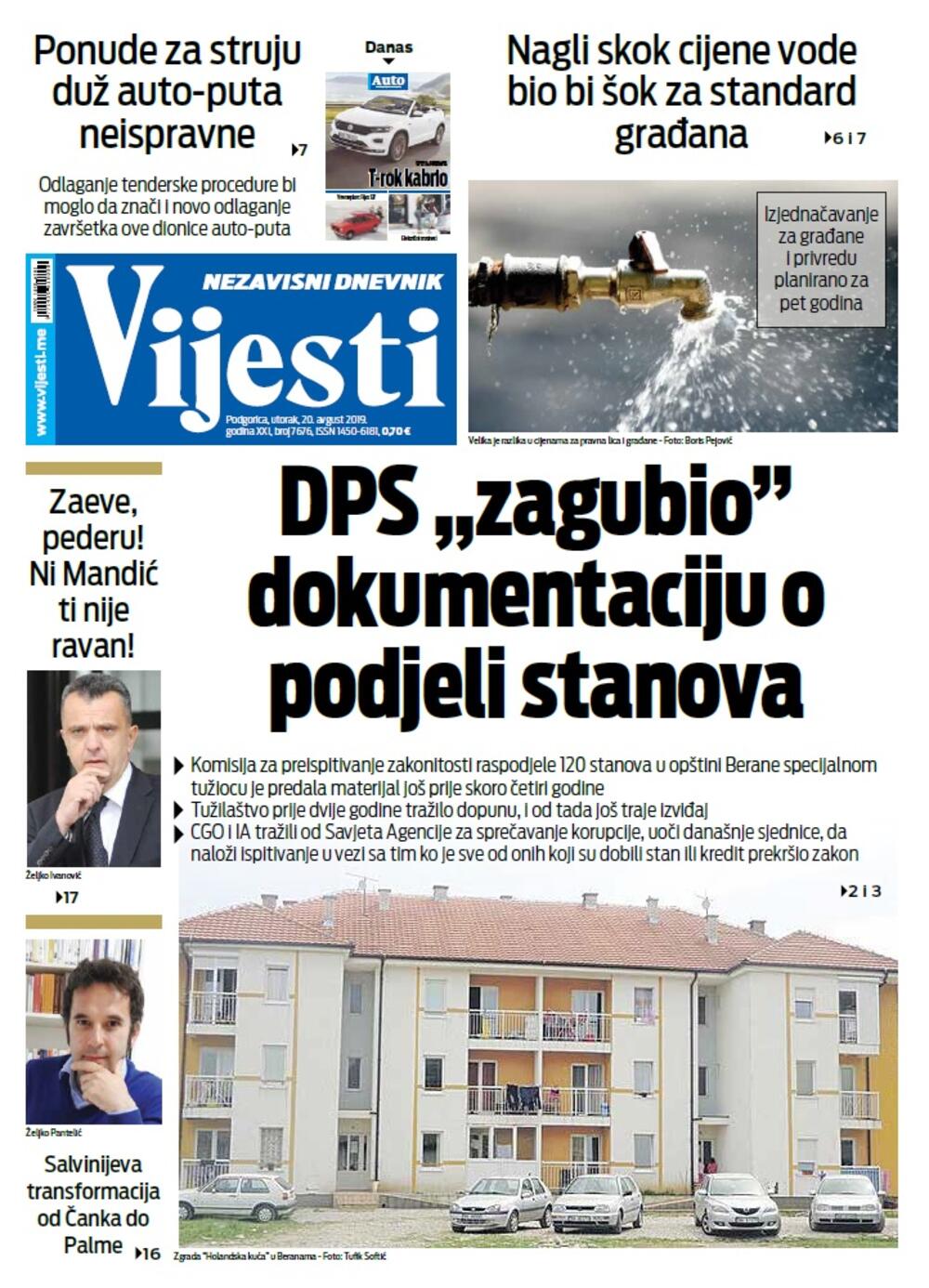 Naslovna strana "Vijesti" za 20. avgust, Foto: Vijesti