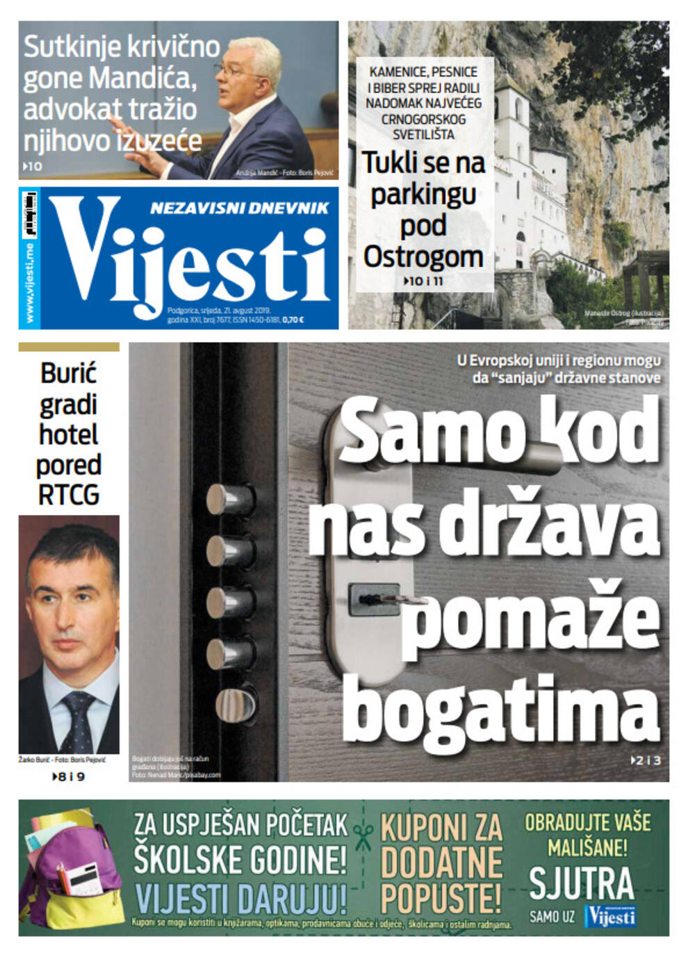 Naslovna strana "Vijesti" za 21. avgust, Foto: Vijesti
