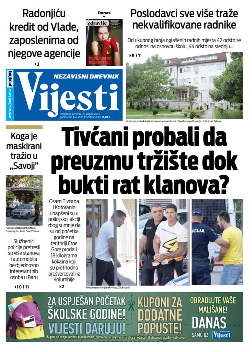 Naslovna strana "Vijesti" za 22. avgust