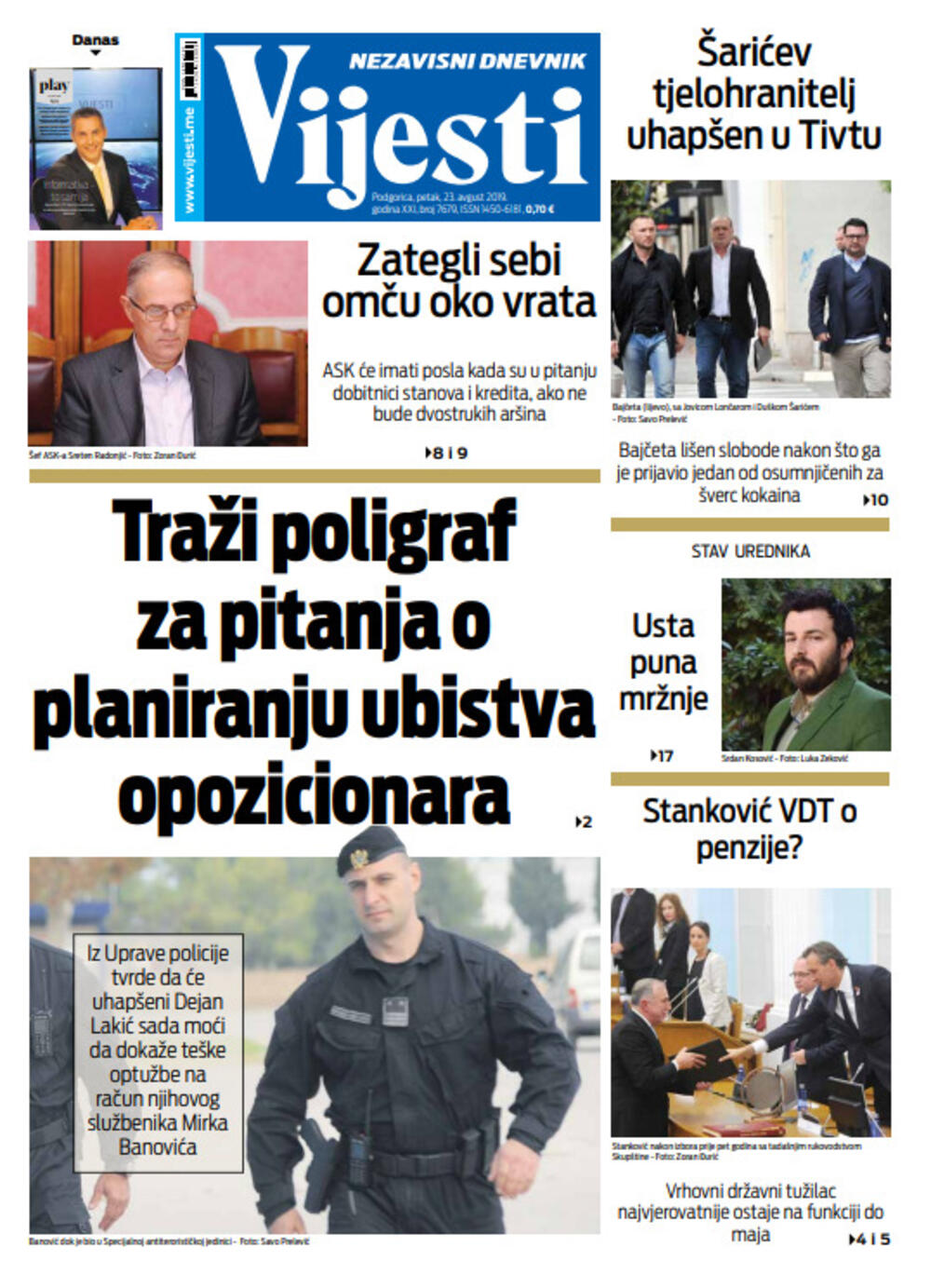 Naslovna strana "Vijesti" za 23. avgust, Foto: Vijesti