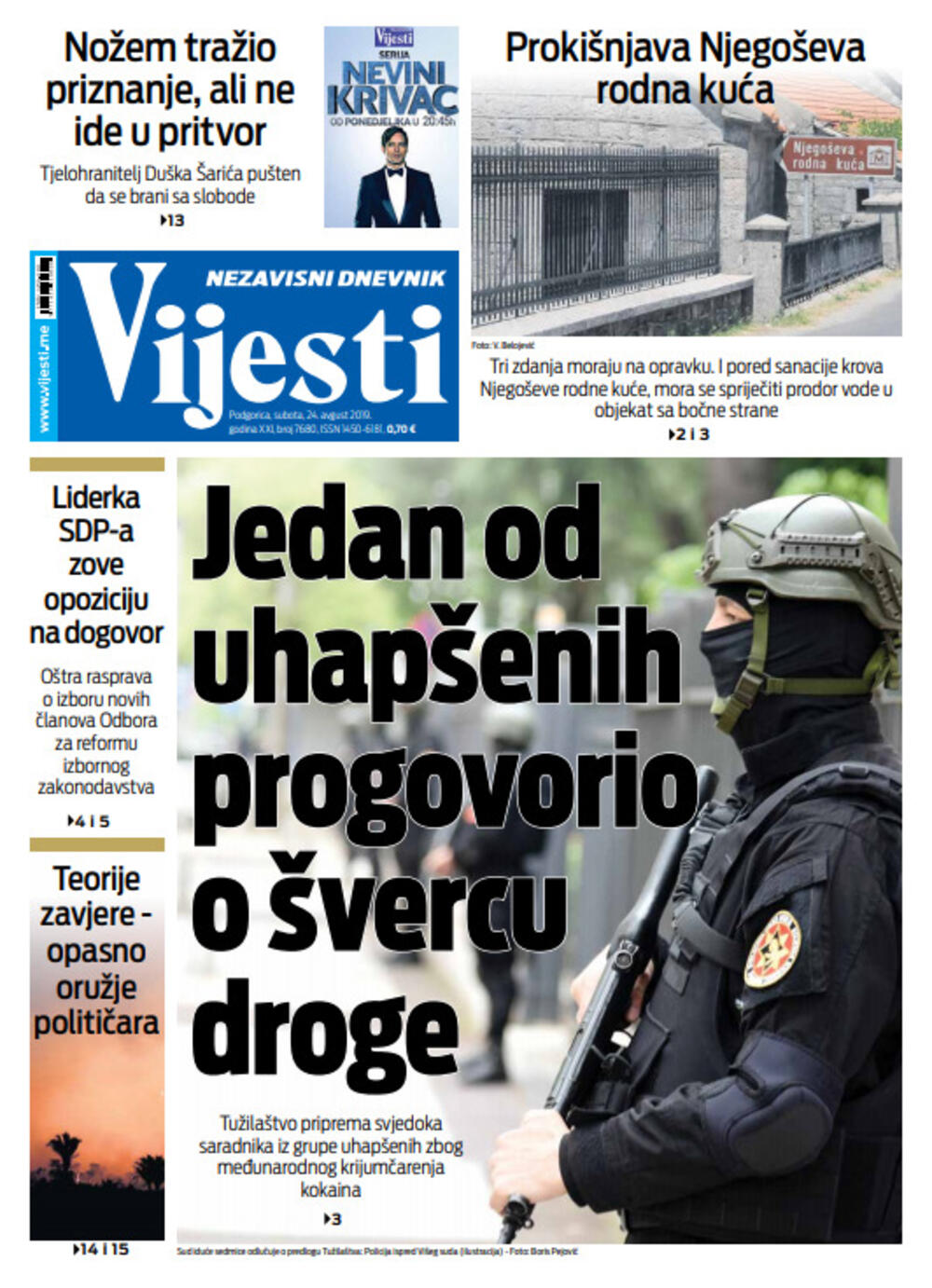 Naslovna strana "Vijesti" za 24. avgust, Foto: Vijesti