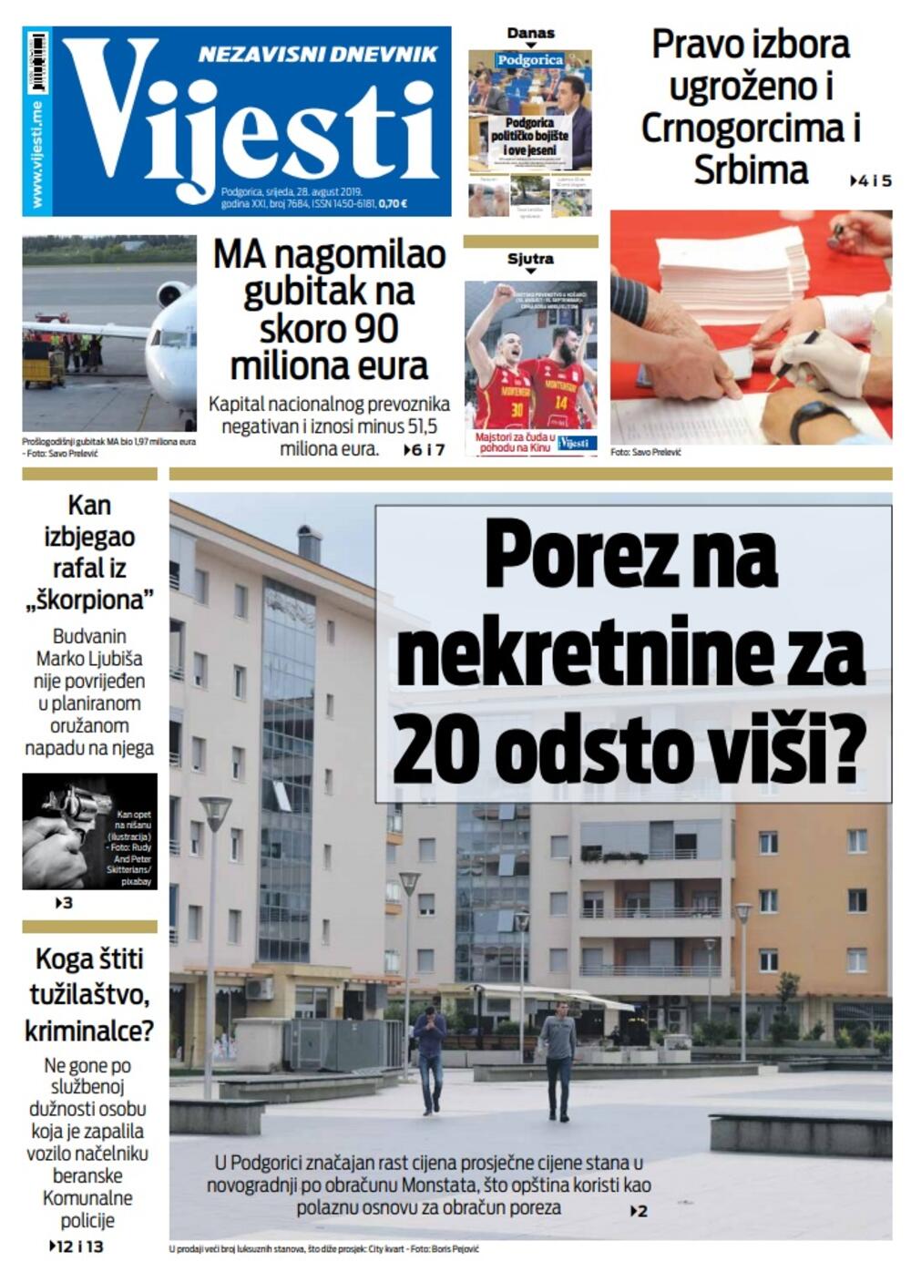 Naslovna strana "Vijesti" za 28. avgust