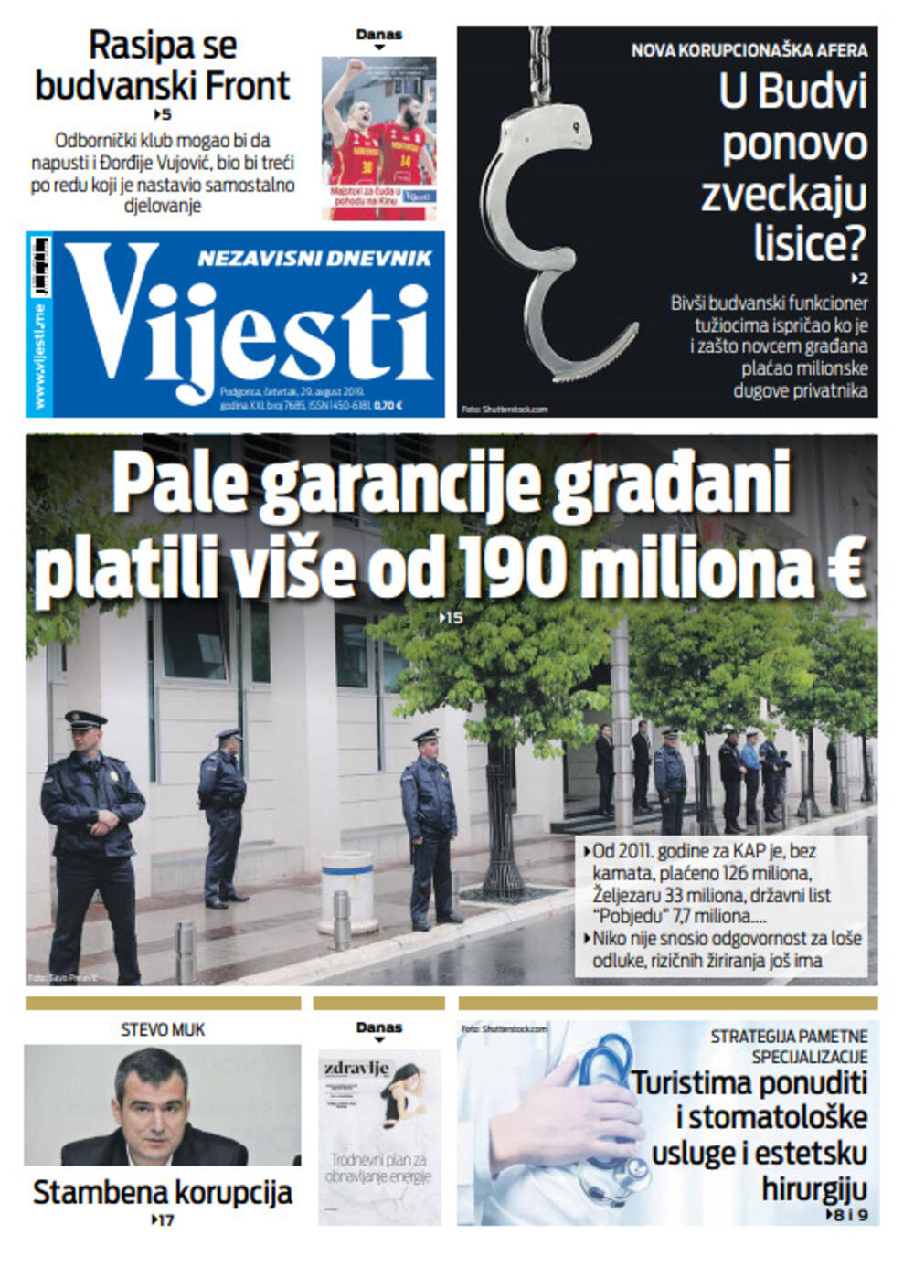 Naslovna strana "Vijesti" za 29. avgust, Foto: Vijesti