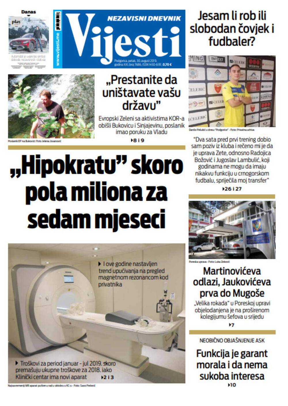 Naslovna strana "Vijesti" za 30. avgust, Foto: Vijesti