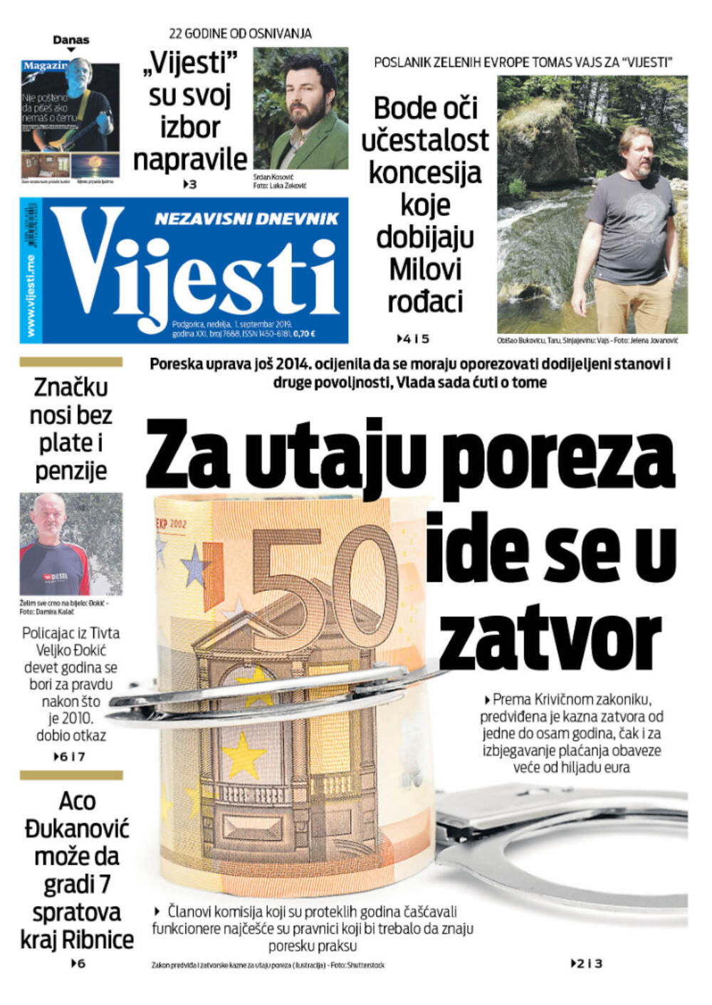 Naslovna strana "Vijesti" za 01. septembar