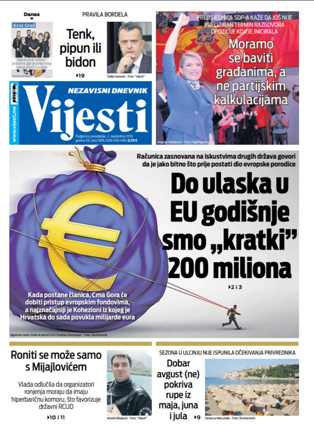 Naslovna strana "Vijesti" za 02. septembar, Foto: Vijesti