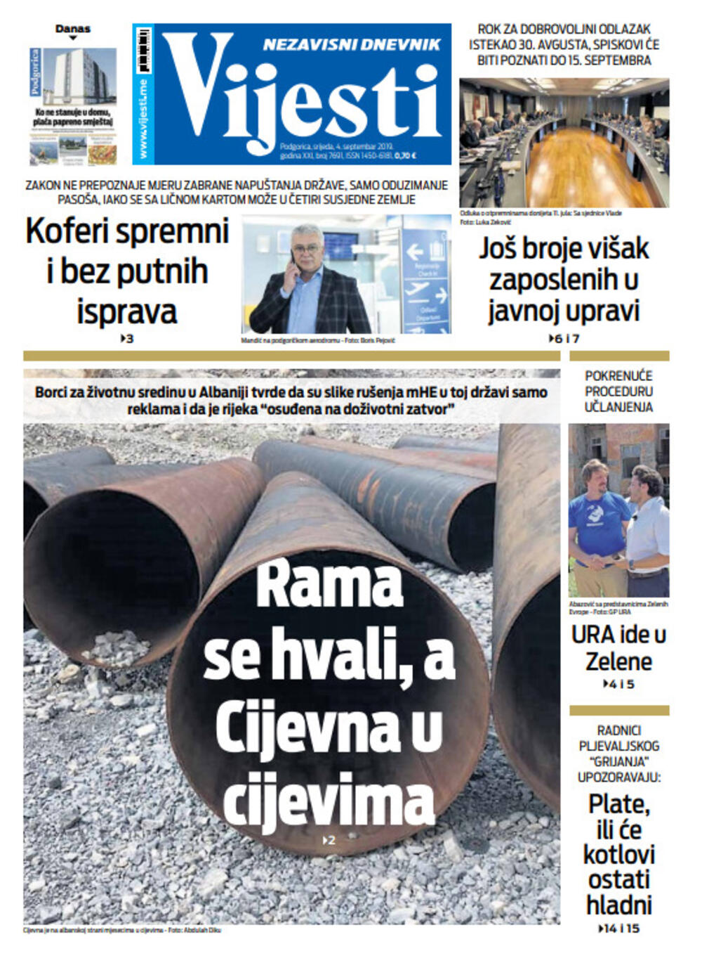 Naslovna strana "Vijesti" za četvrti septembar, Foto: Vijesti
