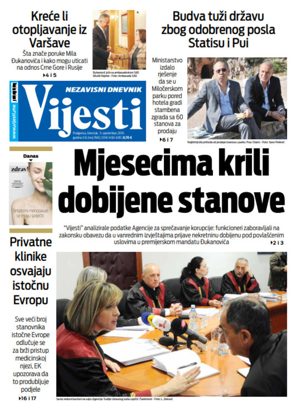 Naslovna strana "Vijesti" za peti septembar, Foto: Vijesti
