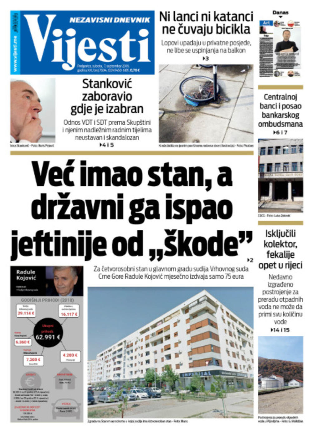 Naslovna strana "Vijesti" za 7. septembar