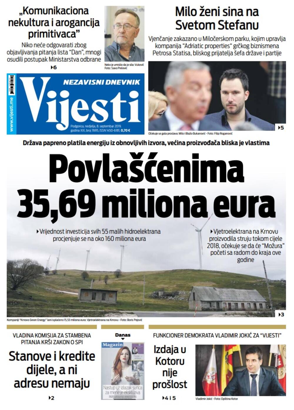 Naslovna strana "Vijesti" za 8. septembar, Foto: Vijesti