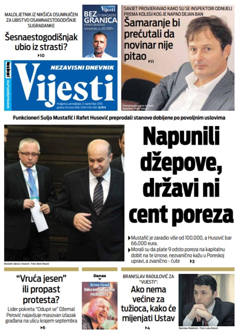 Naslovna strana "Vijesti" za 9. septembar, Foto: Vijesti