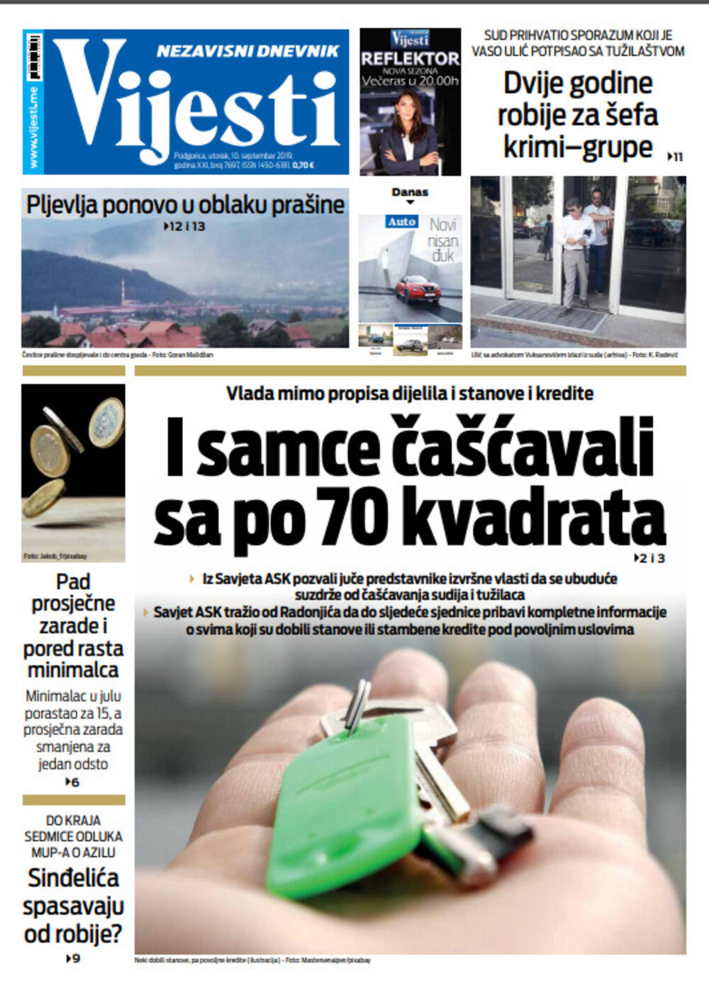 Naslovna strana "Vijesti" za 10. septembar, Foto: Vijesti