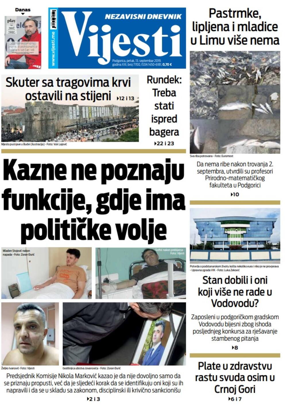 Naslovna strana "Vijesti" za 13. septembar, Foto: Vijesti
