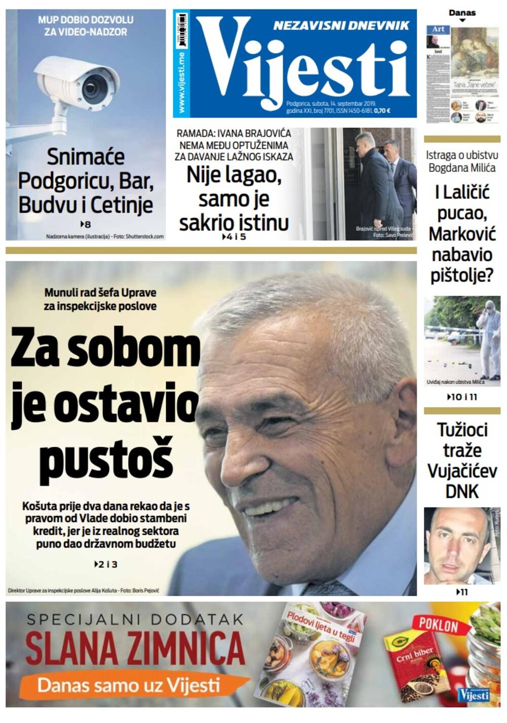 Naslovna strana "Vijesti" za 14. septembar, Foto: Vijesti