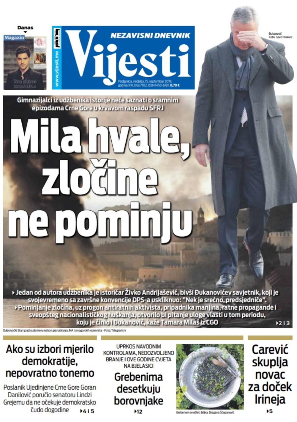 Naslovna strana "Vijesti" za 15. septembar, Foto: Vijesti