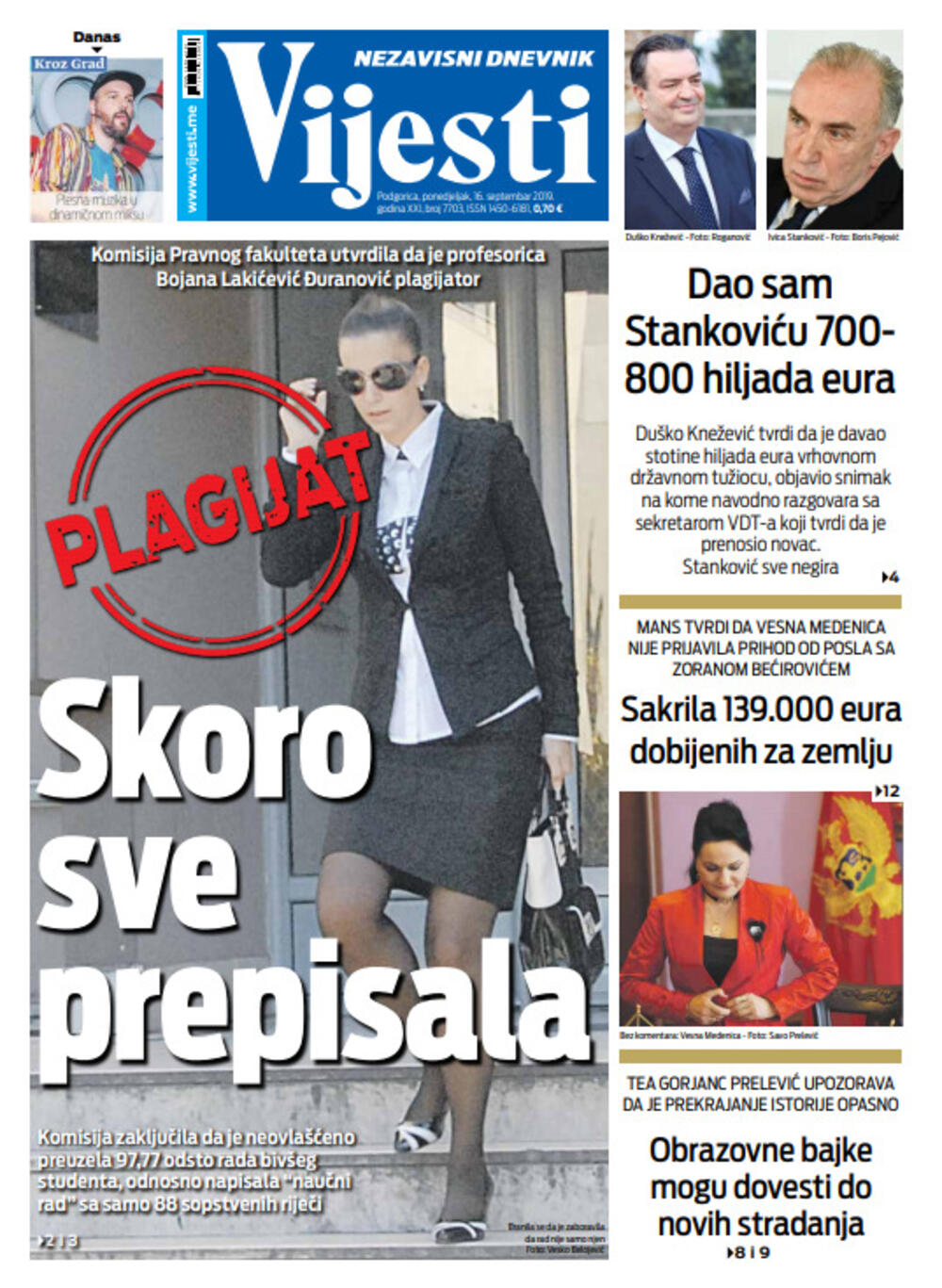 Naslovna strana "Vijesti" za 16. septembar, Foto: Vijesti