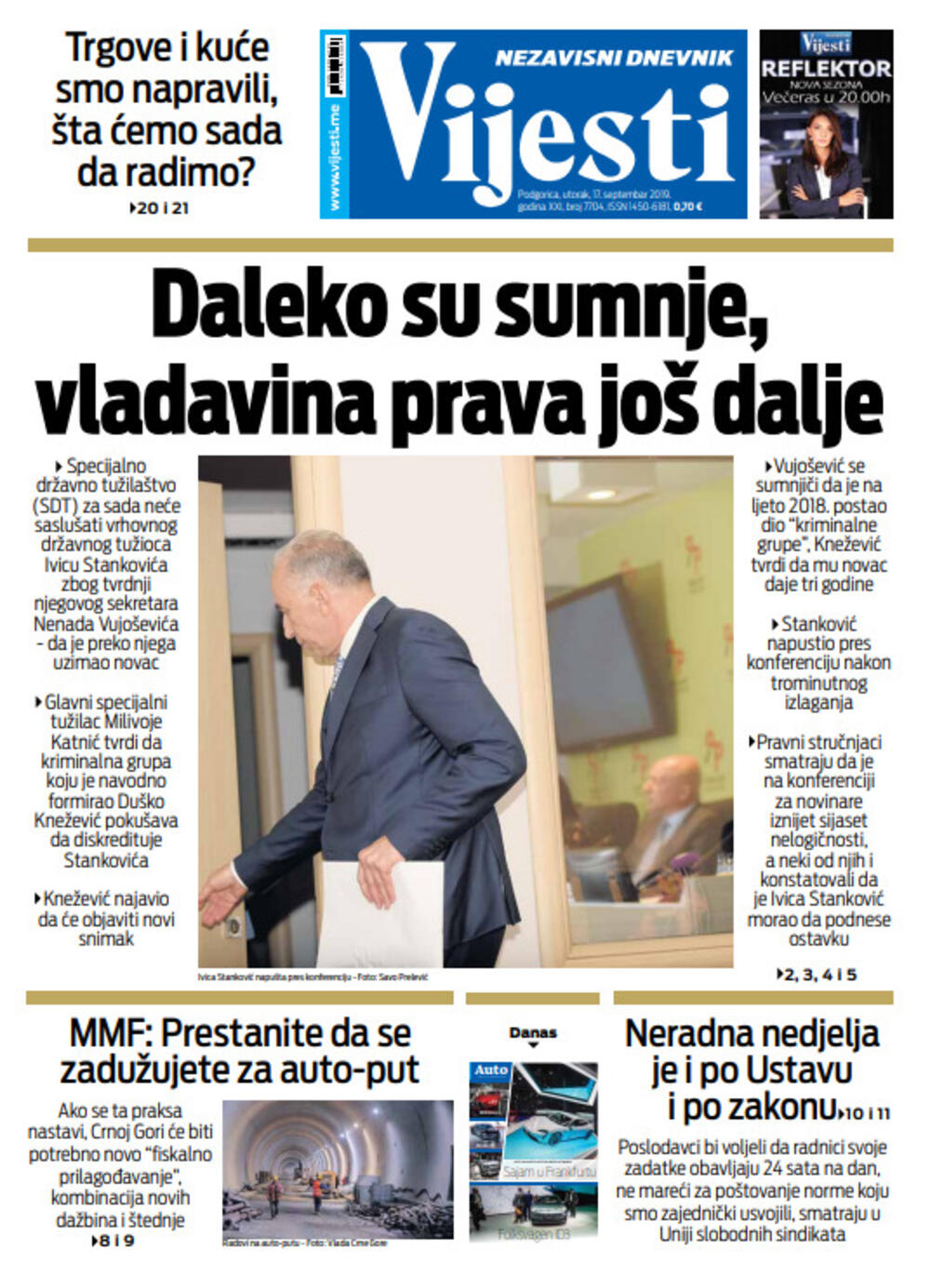 Naslovna strana "Vijesti" za 17. septembar, Foto: Vijesti