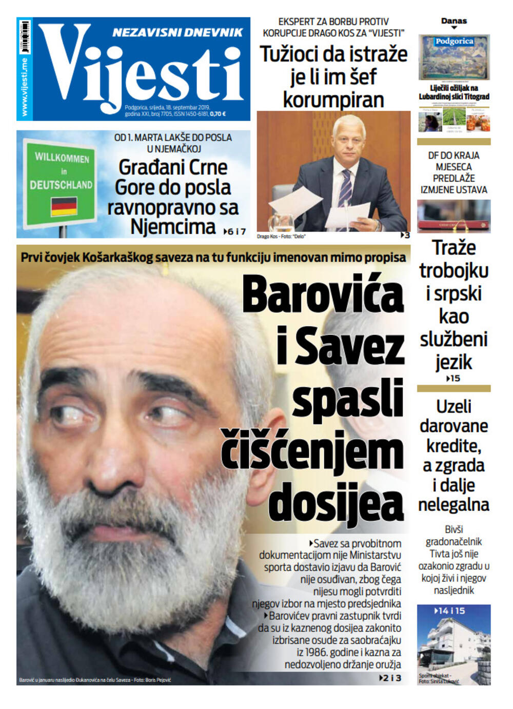 Naslovna strana "Vijesti" za 18. septembar, Foto: Vijesti