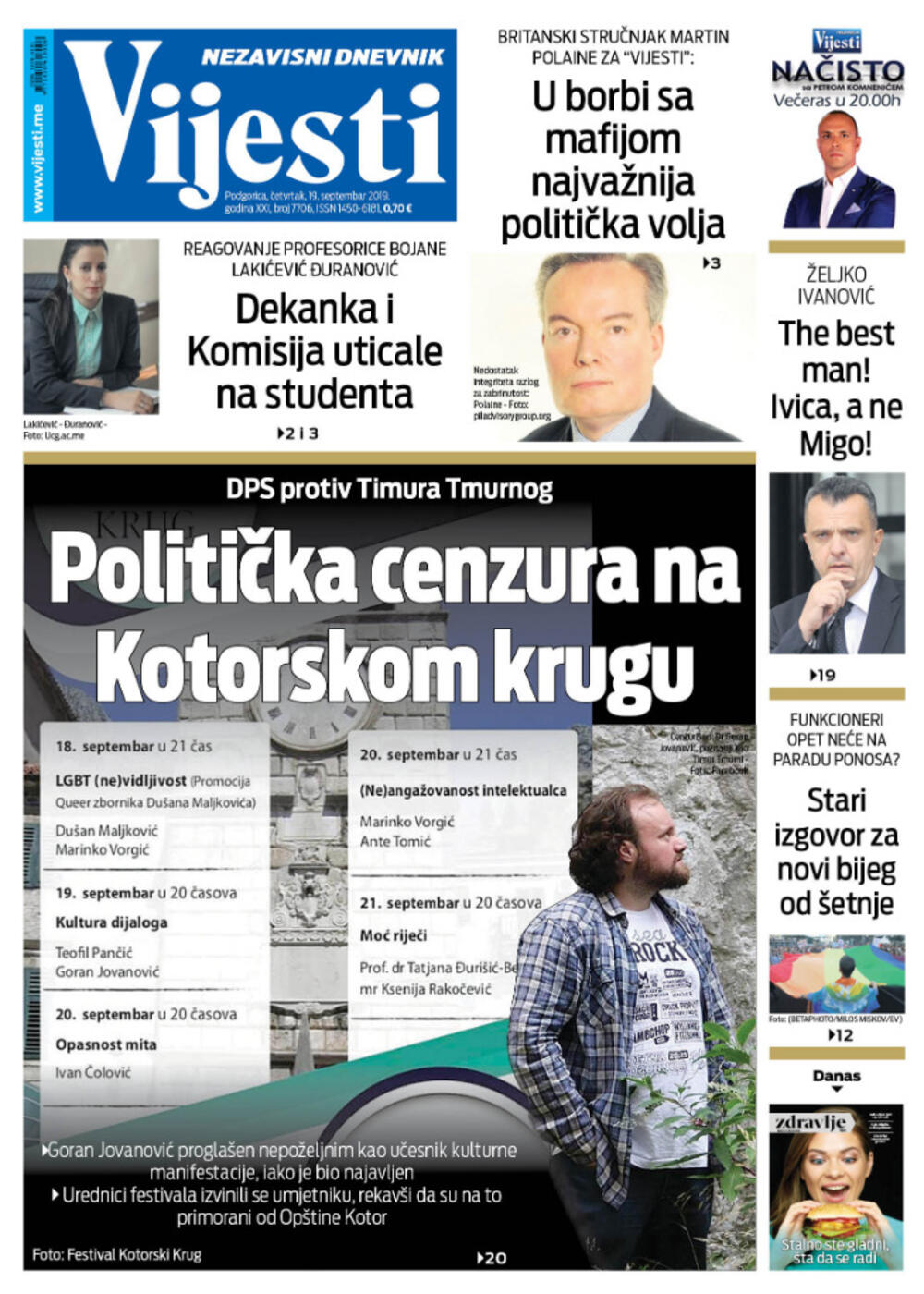 Naslovna strana "Vijesti" za 19. septembar