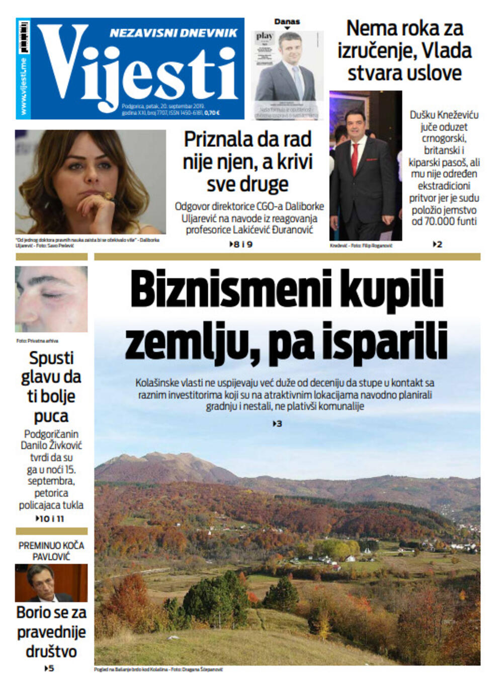 Naslovna strana "Vijesti" za 20. septembar, Foto: Vijesti