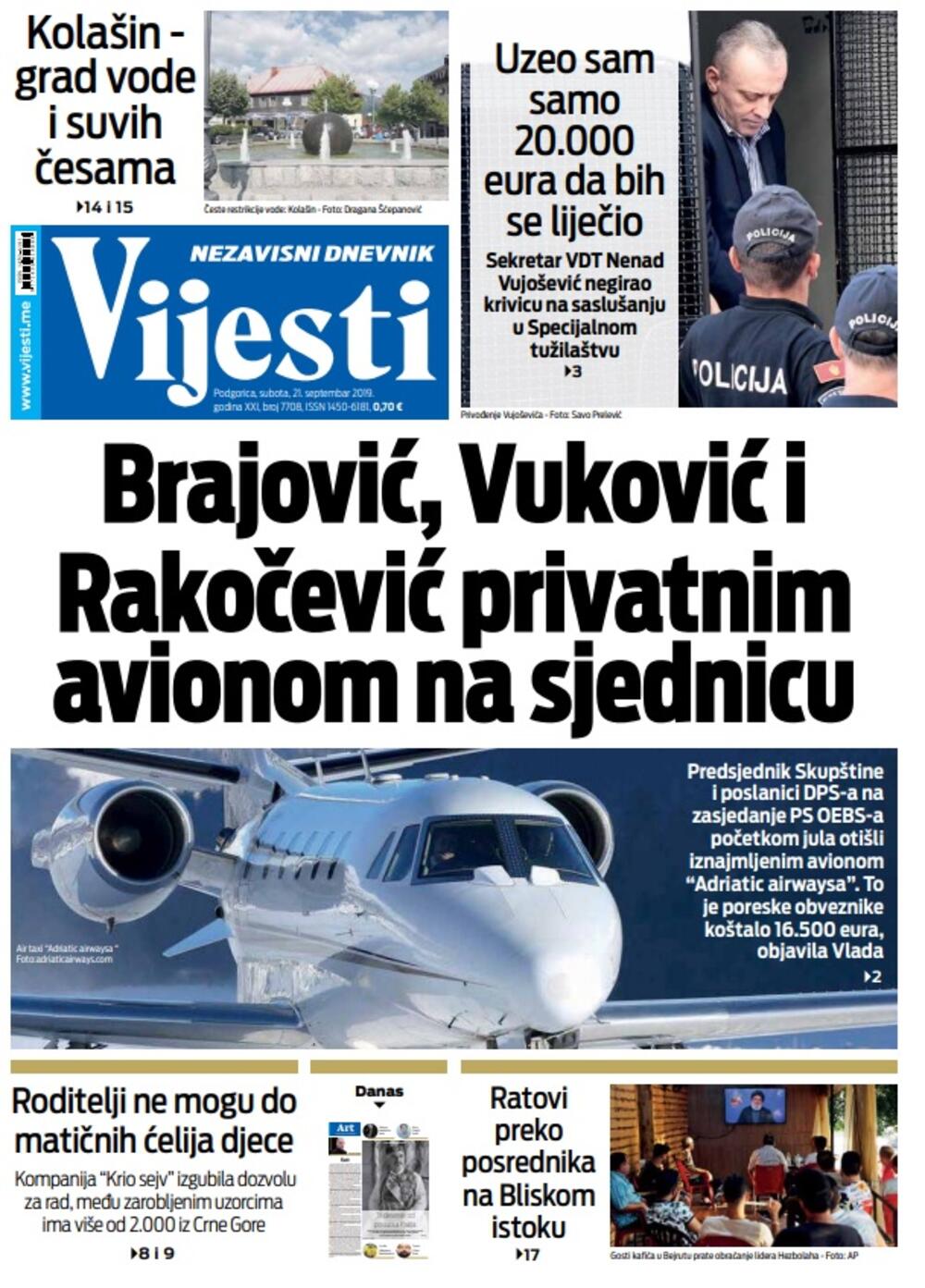 Naslovna strana "Vijesti" za subotu 21. septembar, Foto: Vijesti