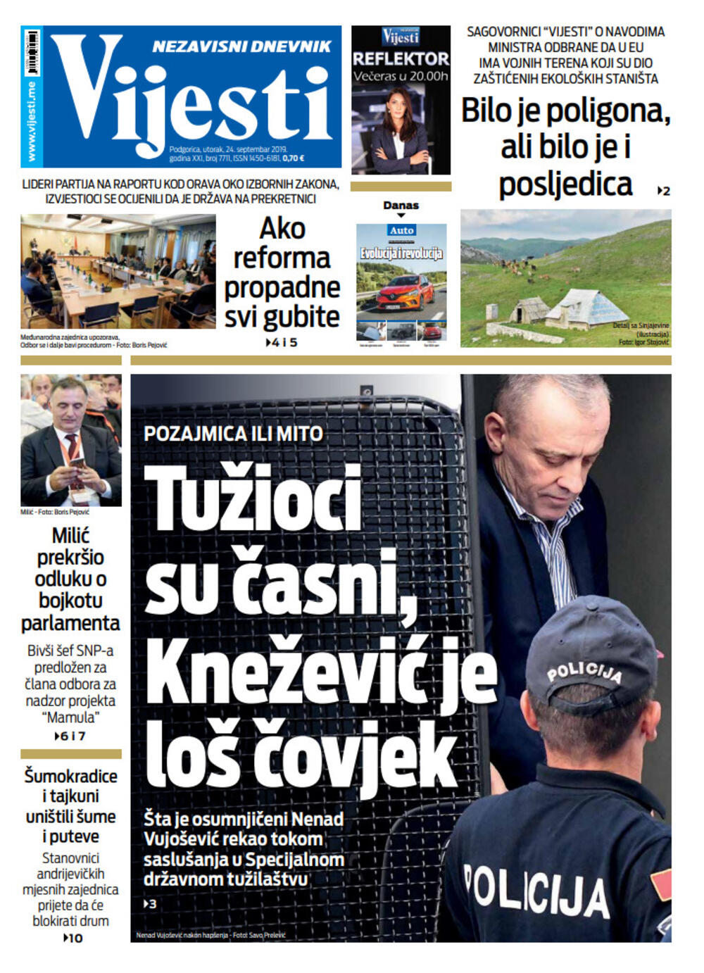 Naslovna strana "Vijesti" za 24. septembar, Foto: Vijesti
