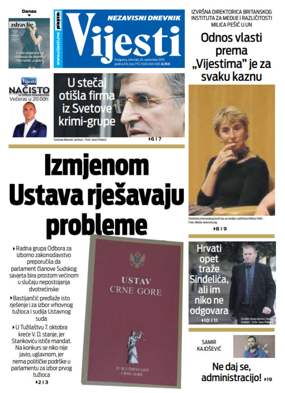 Naslovna strana "Vijesti" za 26. septembar, Foto: Vijesti