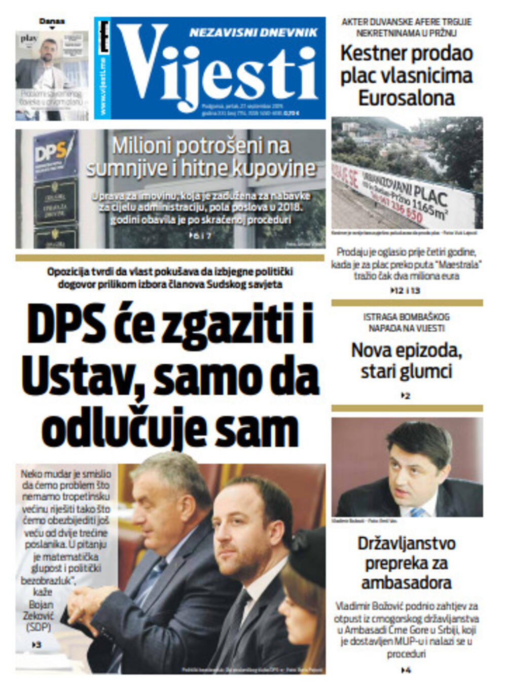 Naslovna strana "Vijesti" za 27. septembar, Foto: Vijesti