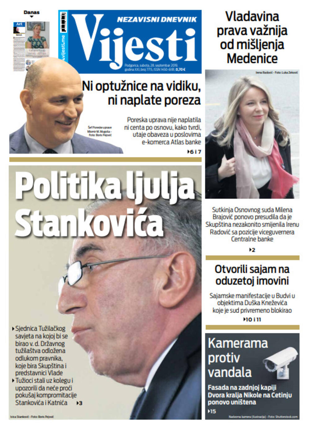 Naslovna strana "Vijesti" za 28. septembar, Foto: Vijesti