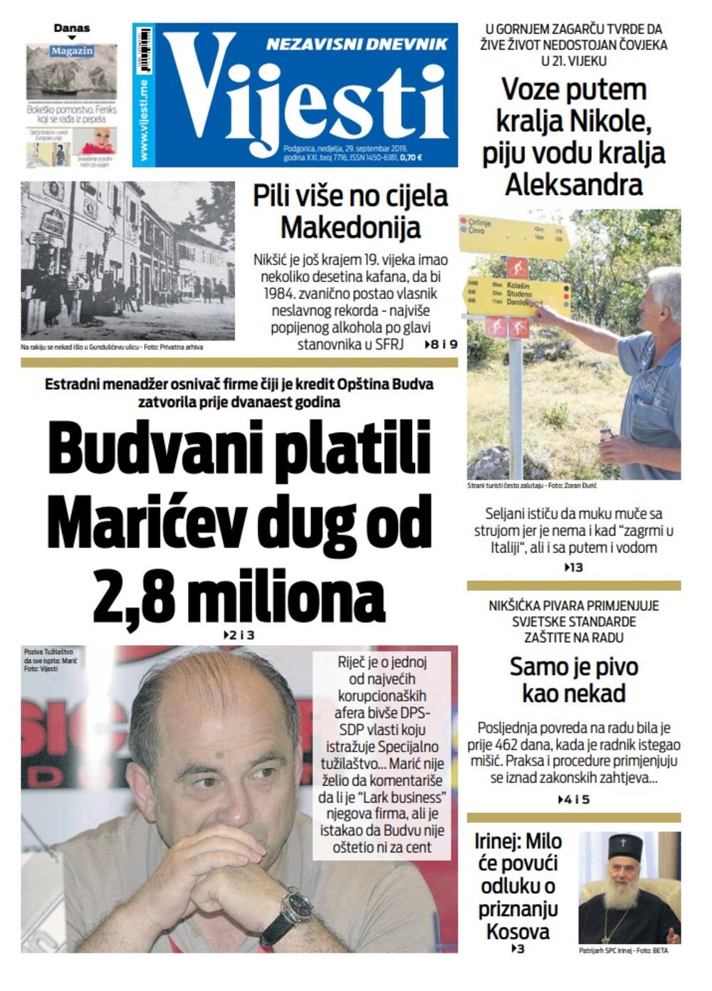 Naslovna strana "Vijesti" za 29. septembar, Foto: Vijesti
