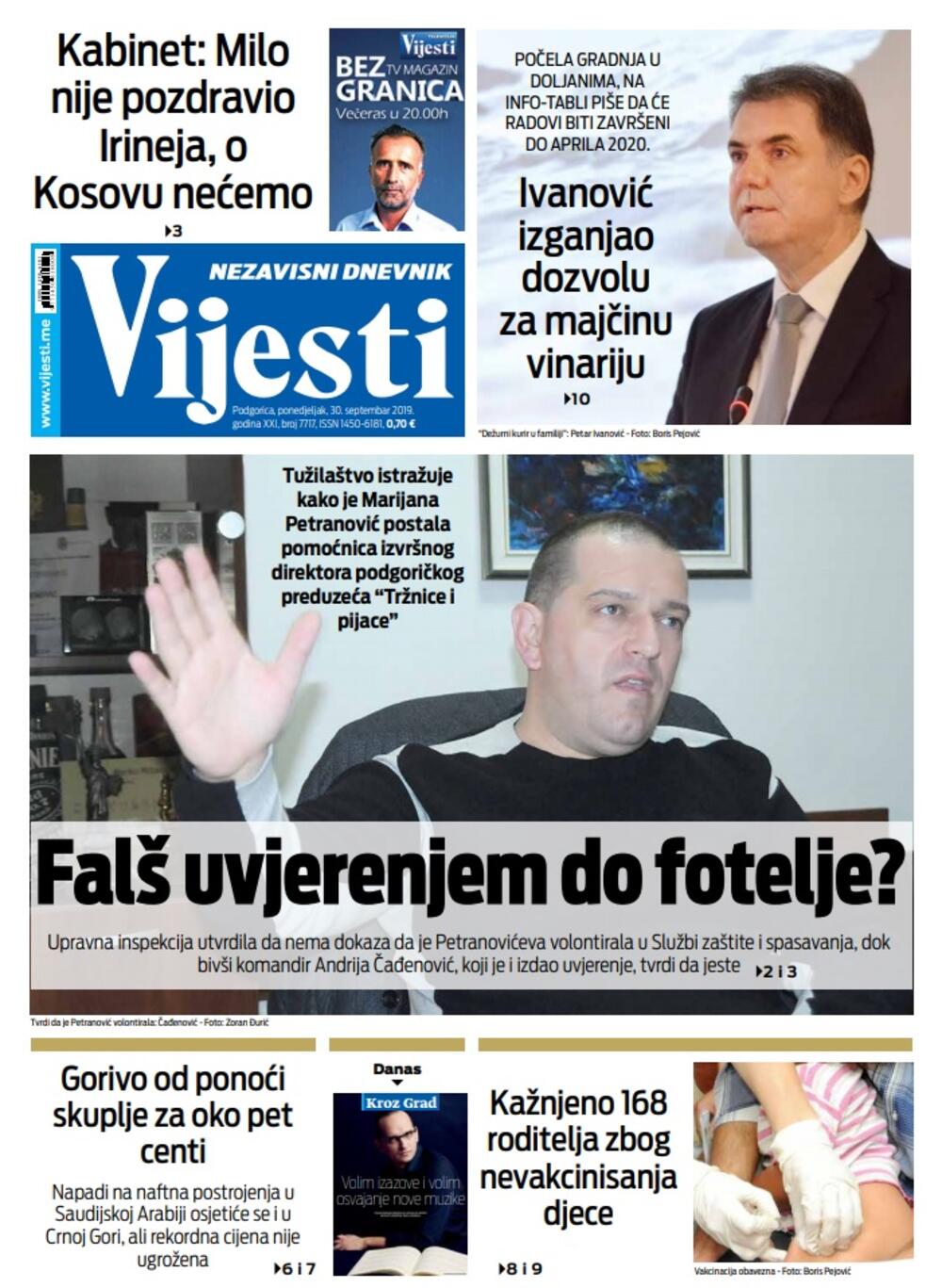 Naslovna strana "Vijesti" za 30. septembar, Foto: Vijesti