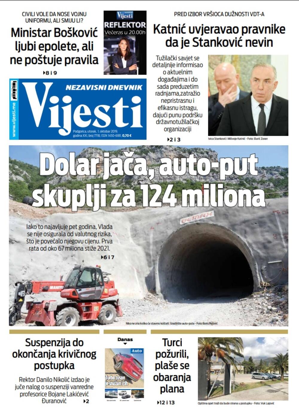 Naslovna strana "Vijesti" za 1. oktobar, Foto: Vijesti