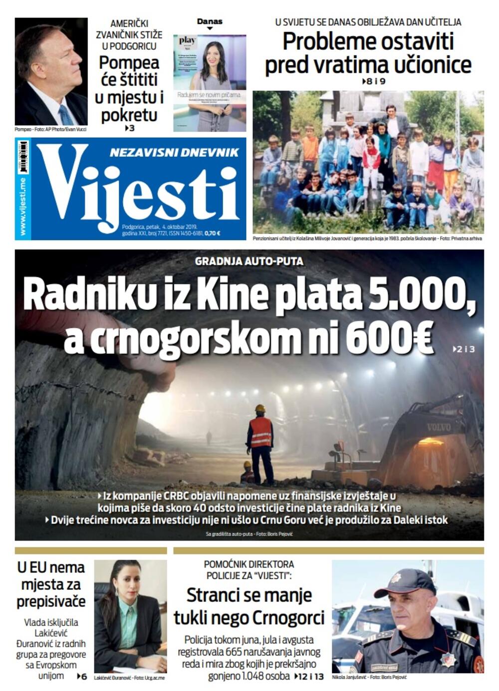 Naslovna strana "Vijesti" za 4. oktobar