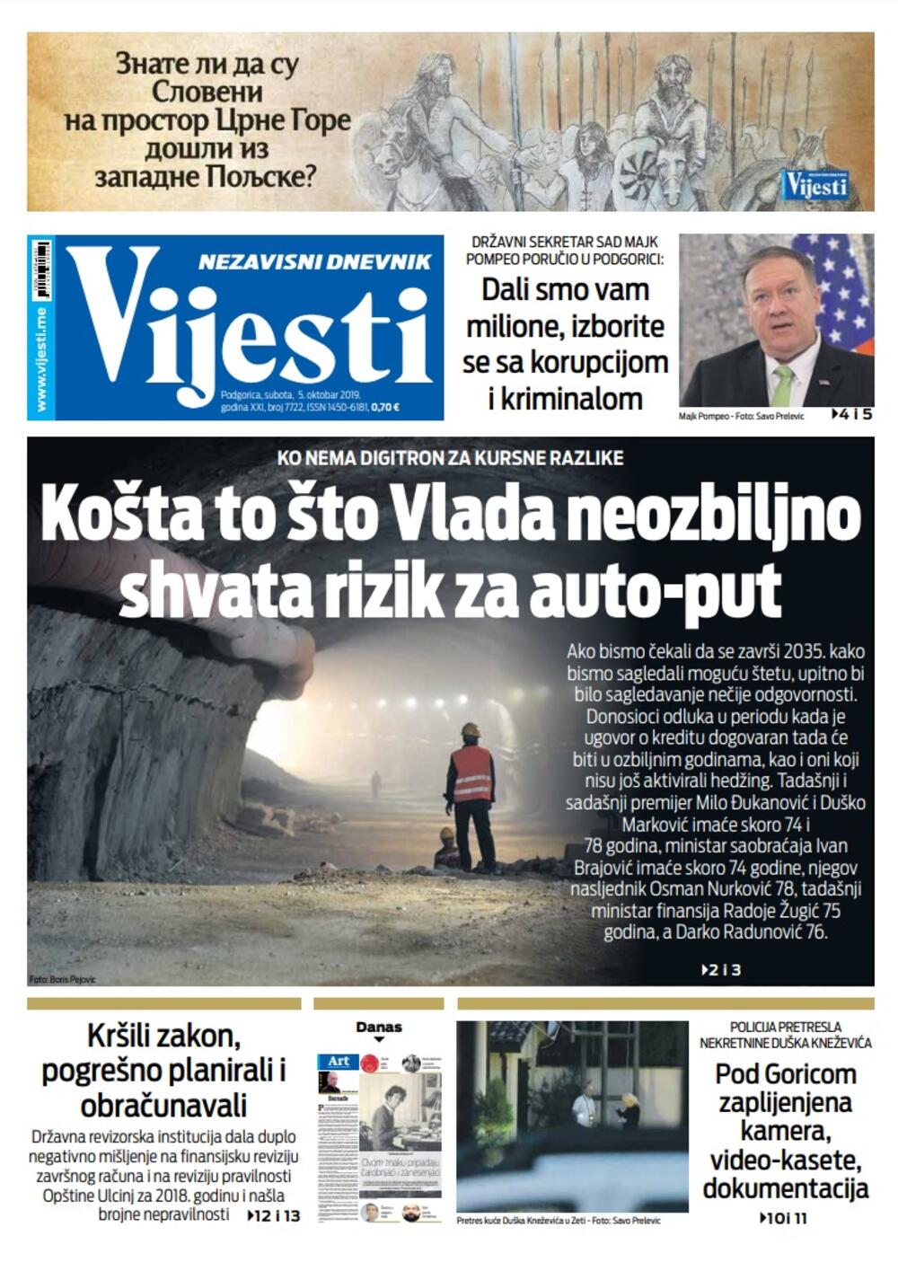 Naslovna strana "Vijesti" za 5. oktobar, Foto: Vijesti