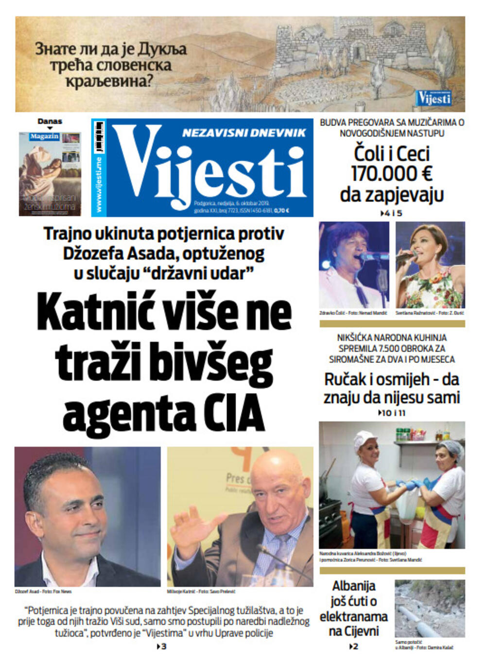 Naslovna strana "Vijesti" za 6. oktobar, Foto: Vijesti