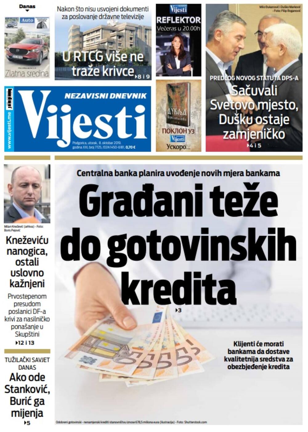 Naslovna strana "Vijesti" za 8. oktobar, Foto: "Vijesti"