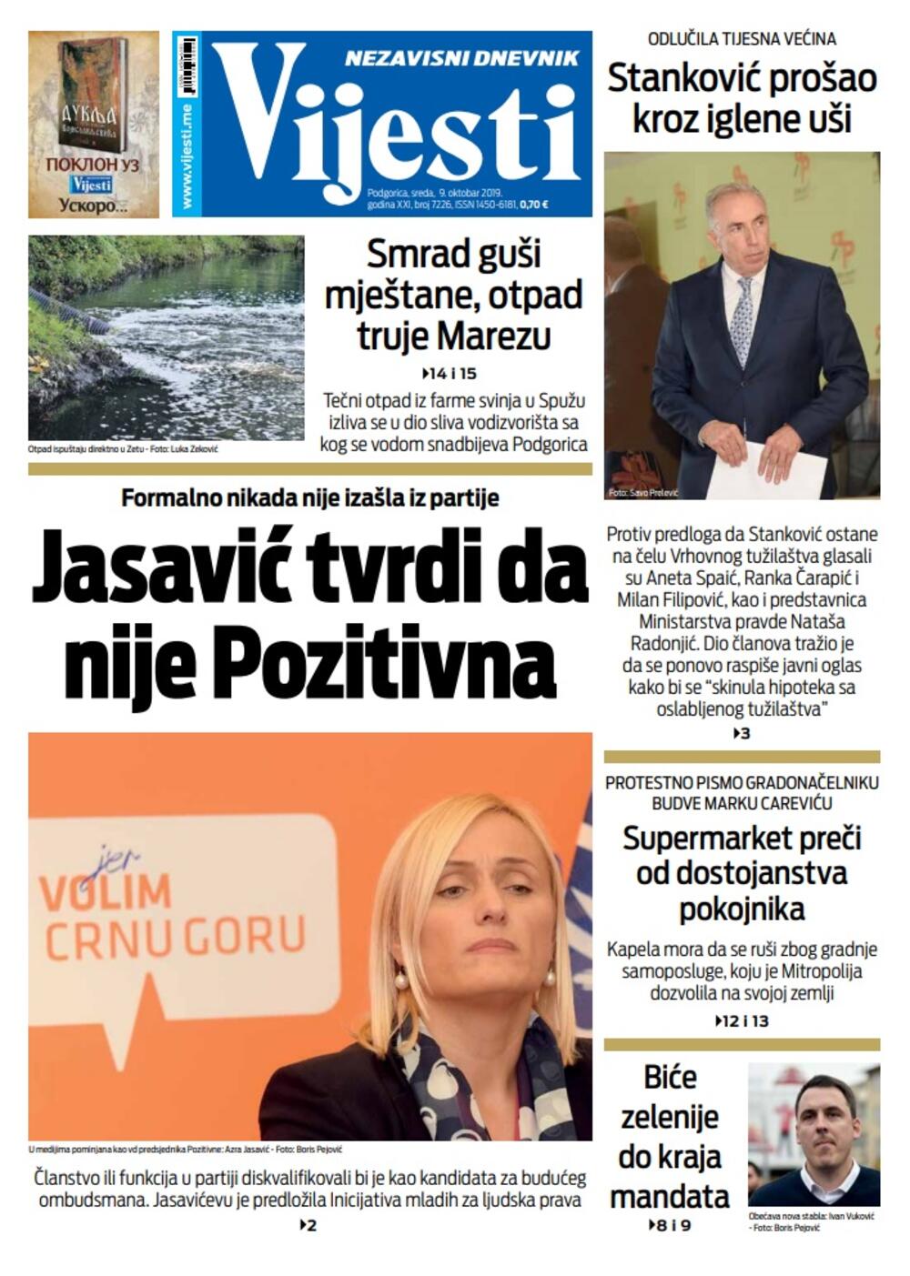 Naslovna strana "Vijesti" za 9. oktobar