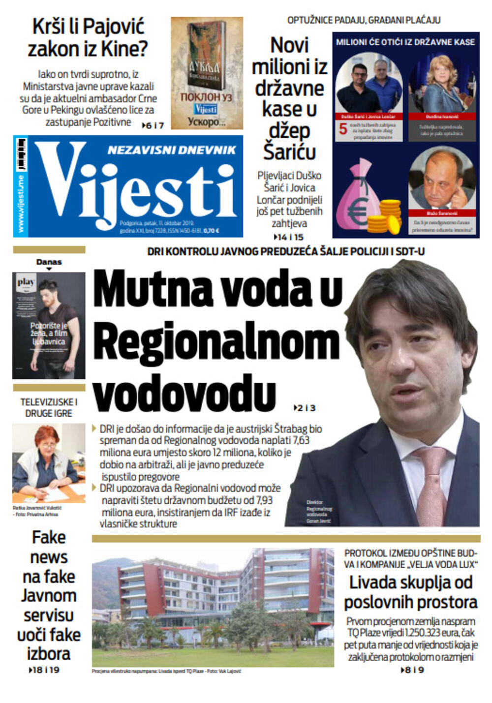 Naslovna strana "Vijesti" za 11. "oktobar" 2019. godine, Foto: Vijesti