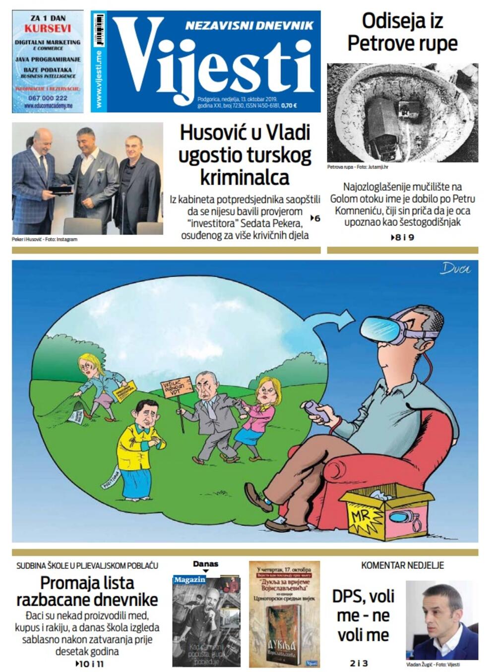Naslovna strana "Vijesti" za 13. oktobar 2019. godine