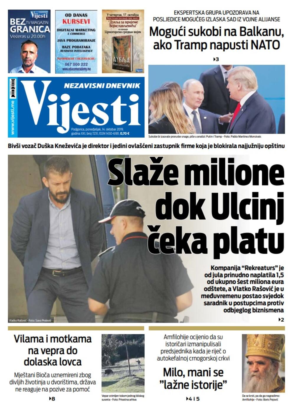 Naslovna strana "Vijesti" za 14. oktobar 2019.