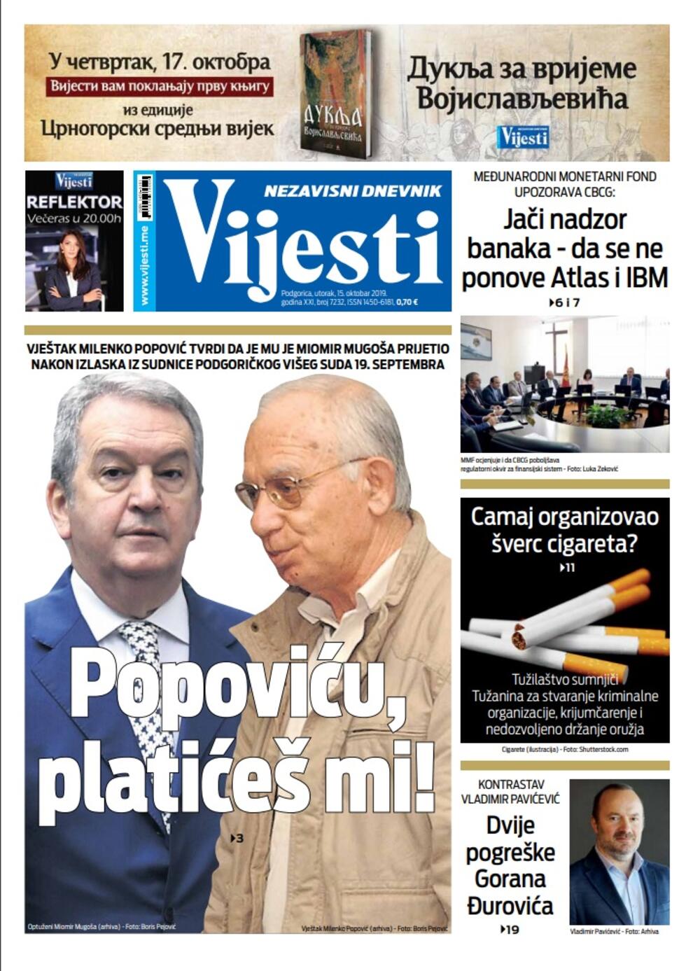 Naslovna strana "Vijesti" za 15. oktobar 2019.