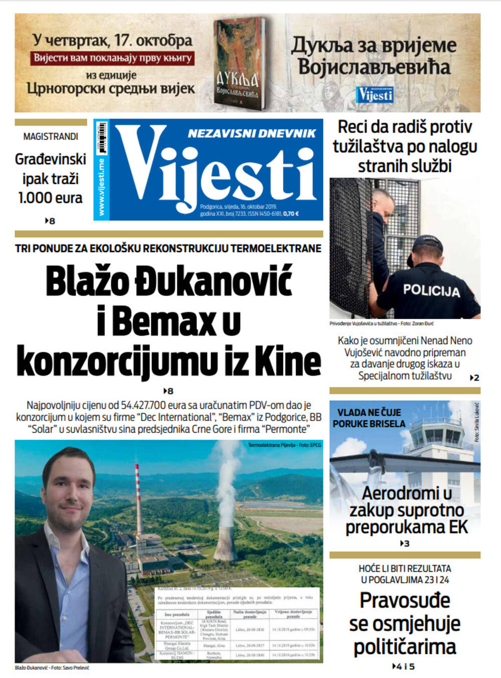 Naslovna strana "Vijesti" za 16. oktobar 2019. godine, Foto: Vijesti